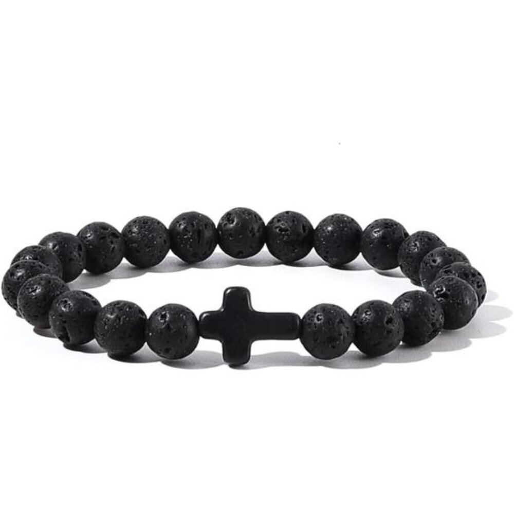 Lava Stone Bracelet Turquoise Beads Cross Elastic Stretch Bracelet for Women Men